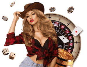 Blonde female cowgirl with casino icons around her