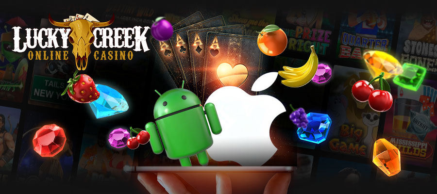 Lucky Creek logo with Android and Apple logo among casino games icons