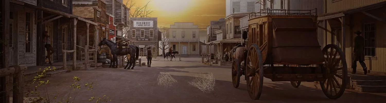 Lucky Creek Casino header background of cowboy town